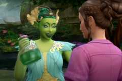Mother Nature (a green-skinned NPC Sim) offers a potion to a human Sim.