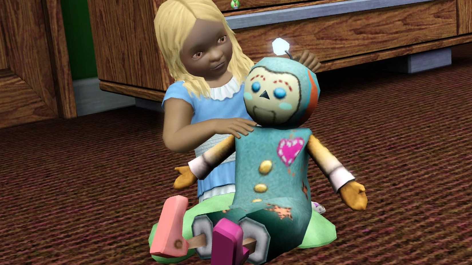 A blonde female toddler from The Sims 3 plays with her slightly less-terrifying Imaginary Friend.