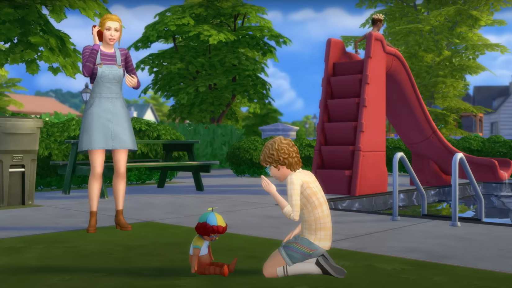 A blonde Sim-mother looks on as her curly-haired son talks to his Imaginary Friend.